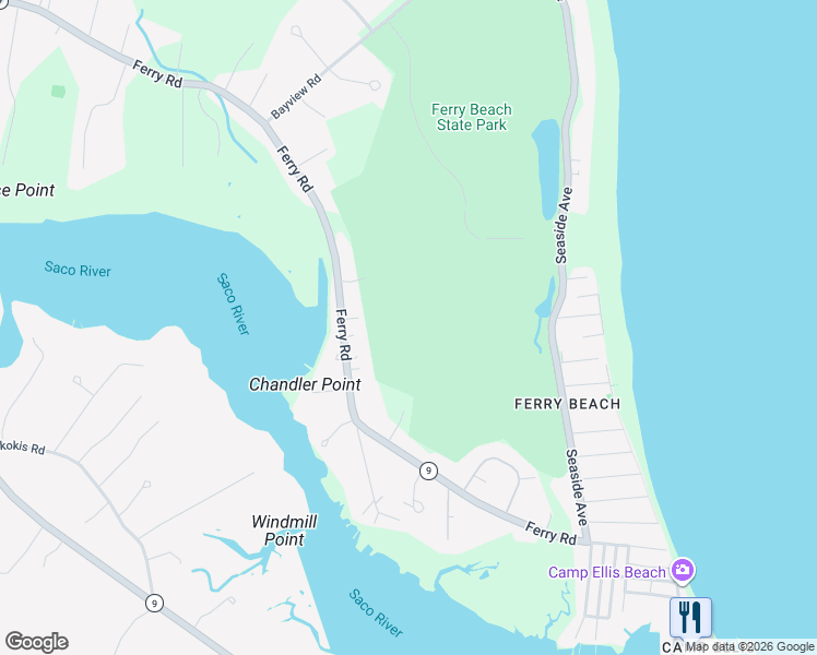 map of restaurants, bars, coffee shops, grocery stores, and more near 530 Ferry Road in Saco