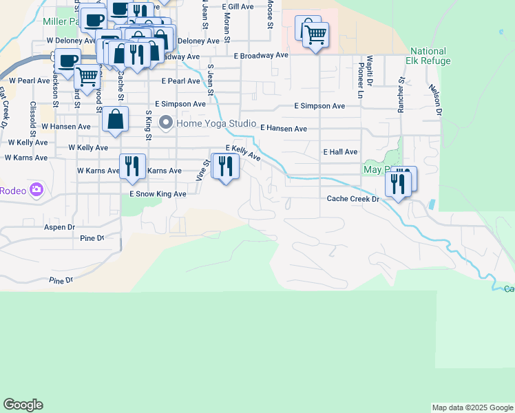 map of restaurants, bars, coffee shops, grocery stores, and more near 531 Snow King Loop in Jackson