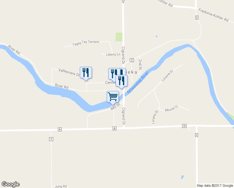 map of restaurants, bars, coffee shops, grocery stores, and more near W4115 River Road in Waubeka
