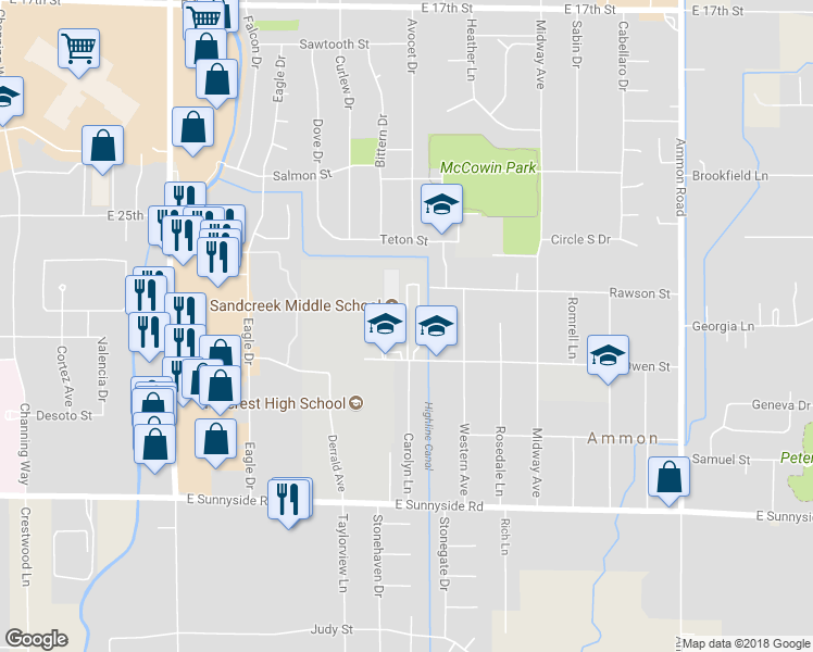 map of restaurants, bars, coffee shops, grocery stores, and more near 2955 Owen Street in Ammon