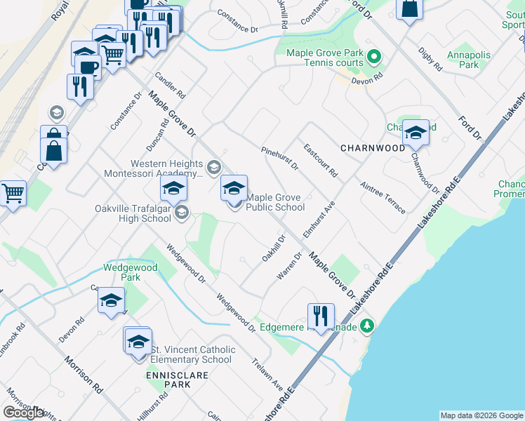map of restaurants, bars, coffee shops, grocery stores, and more near 278 Maple Grove Drive in Oakville