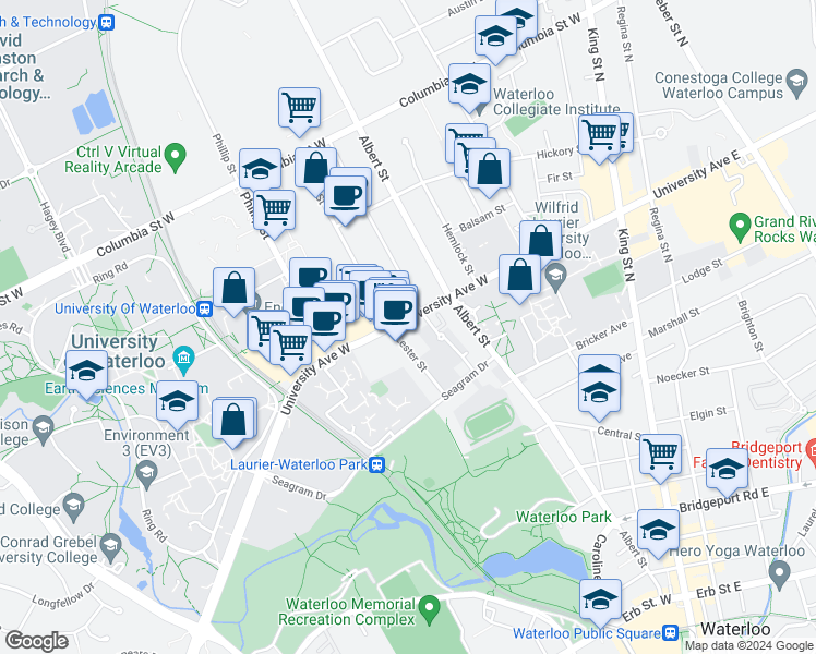 map of restaurants, bars, coffee shops, grocery stores, and more near 115 University Avenue West in Waterloo