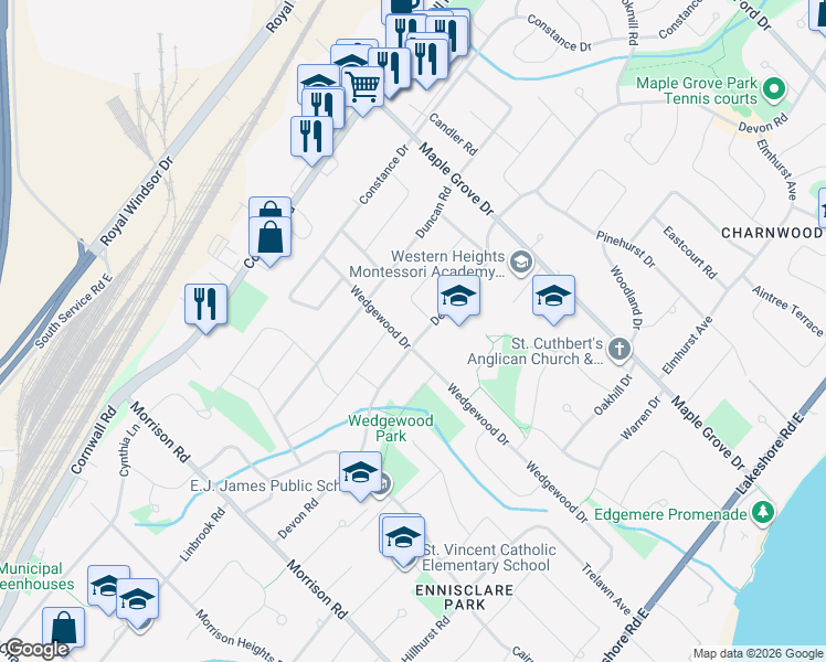 map of restaurants, bars, coffee shops, grocery stores, and more near 1435 Devon Road in Oakville