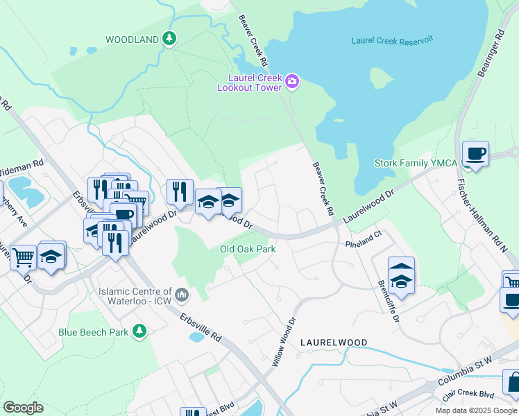 map of restaurants, bars, coffee shops, grocery stores, and more near 528 Beaverwood Street in Waterloo