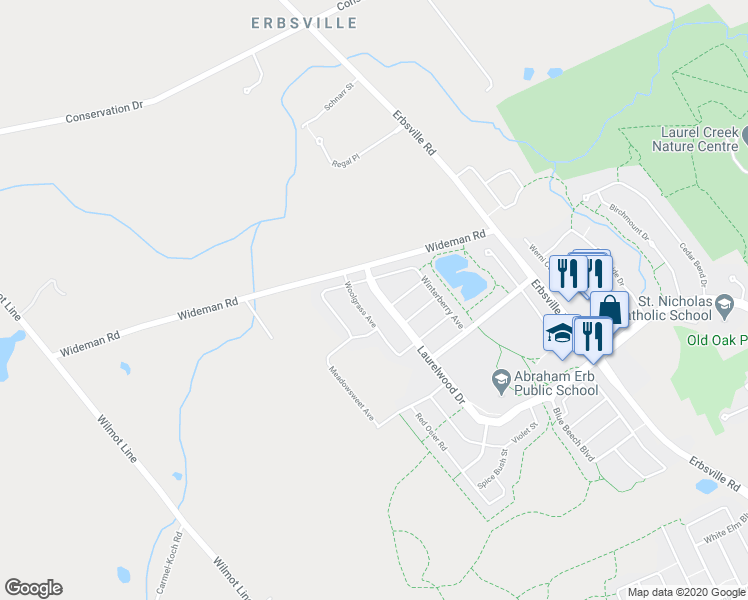 map of restaurants, bars, coffee shops, grocery stores, and more near 857 Laurelwood Drive in Waterloo