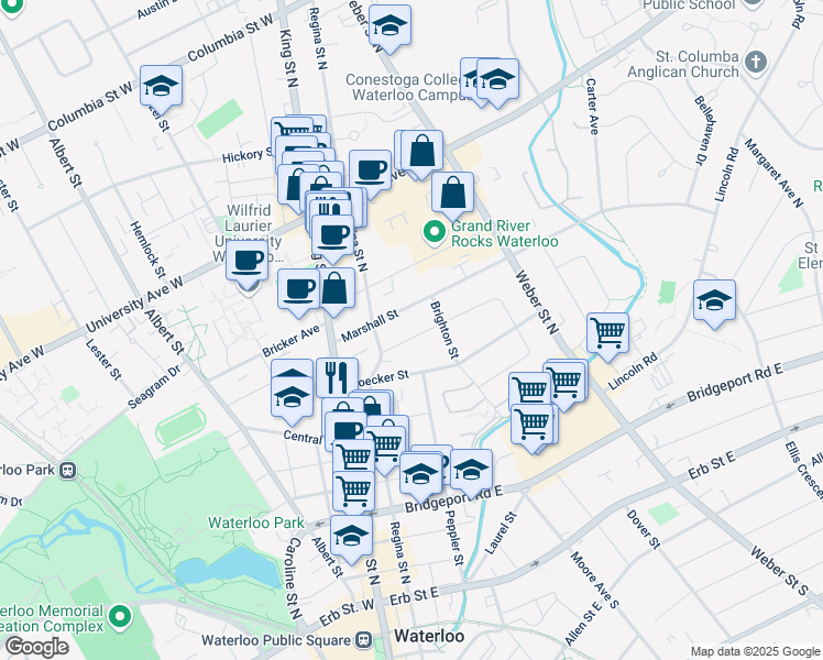 map of restaurants, bars, coffee shops, grocery stores, and more near 163 Elgin Crescent in Waterloo