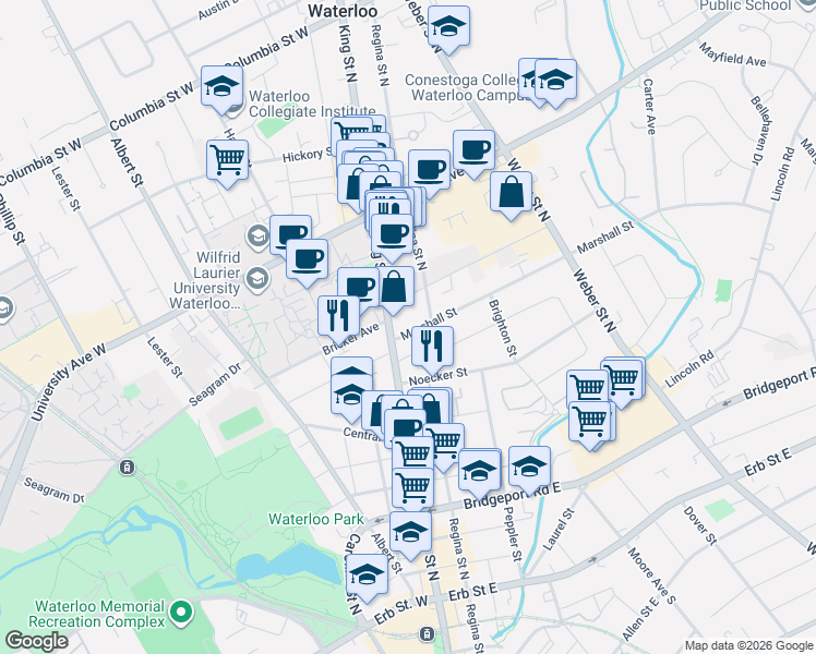 map of restaurants, bars, coffee shops, grocery stores, and more near 10 Marshall Street in Waterloo