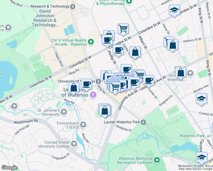map of restaurants, bars, coffee shops, grocery stores, and more near 200 University Avenue West in Waterloo
