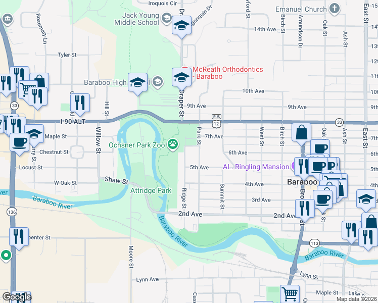 map of restaurants, bars, coffee shops, grocery stores, and more near 736 Ridge Street in Baraboo
