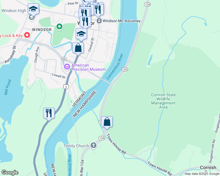 map of restaurants, bars, coffee shops, grocery stores, and more near New Hampshire 12A in Cornish