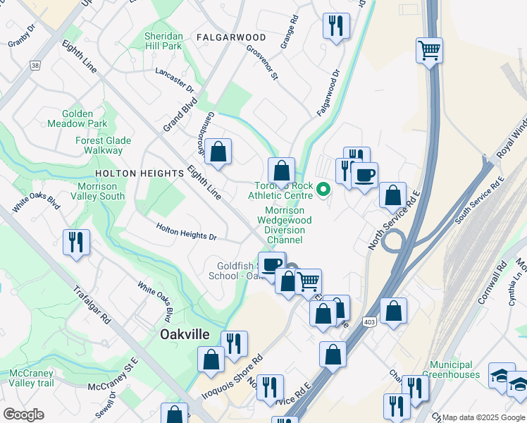 map of restaurants, bars, coffee shops, grocery stores, and more near 1023 Falgarwood Drive in Oakville