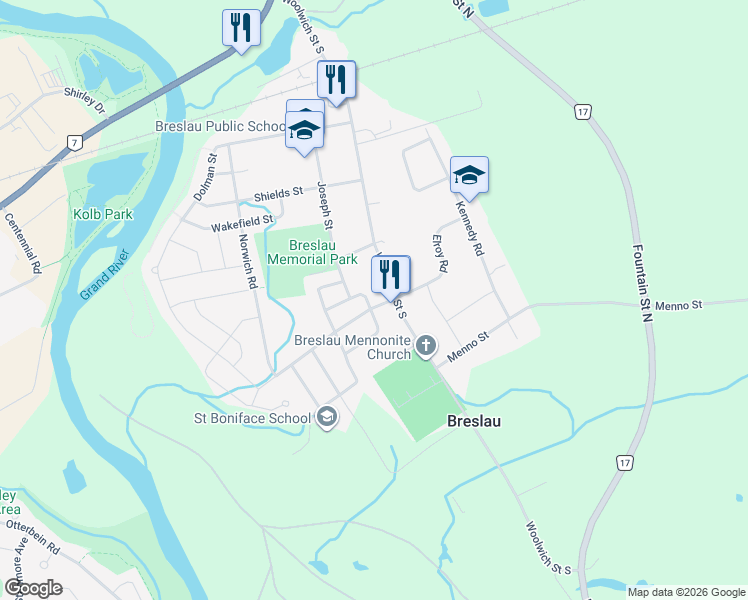 map of restaurants, bars, coffee shops, grocery stores, and more near 14 Andover Drive in Breslau