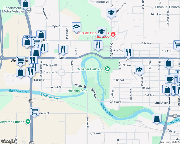 map of restaurants, bars, coffee shops, grocery stores, and more near 727 Island Ct in Baraboo