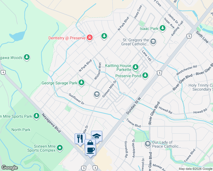 map of restaurants, bars, coffee shops, grocery stores, and more near 350 Leadwood Gate in Oakville