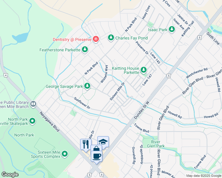 map of restaurants, bars, coffee shops, grocery stores, and more near Leadwood Gate in Oakville