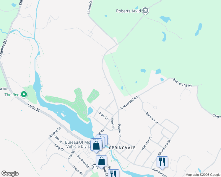 map of restaurants, bars, coffee shops, grocery stores, and more near 36a Elm Street in Sanford