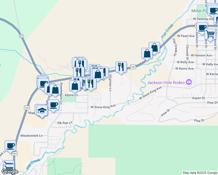 map of restaurants, bars, coffee shops, grocery stores, and more near 55 Virginian Lane in Jackson