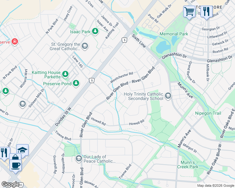 map of restaurants, bars, coffee shops, grocery stores, and more near 2532 Sunnyhurst Close in Oakville