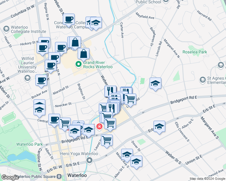 map of restaurants, bars, coffee shops, grocery stores, and more near 142 Weber Street North in Waterloo