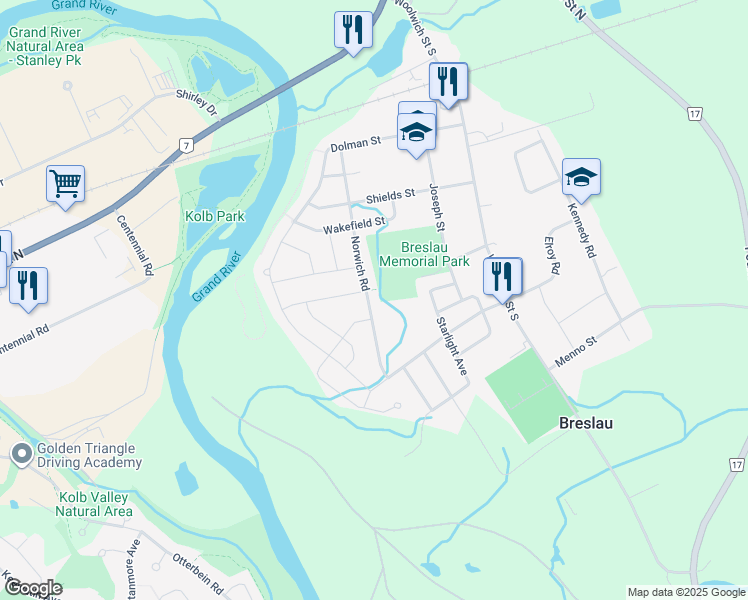 map of restaurants, bars, coffee shops, grocery stores, and more near 171 Norwich Road in Breslau