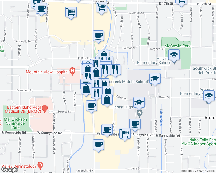 map of restaurants, bars, coffee shops, grocery stores, and more near 2707 South 25th East in Ammon