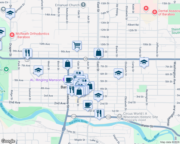 map of restaurants, bars, coffee shops, grocery stores, and more near 802 Ash Street in Baraboo