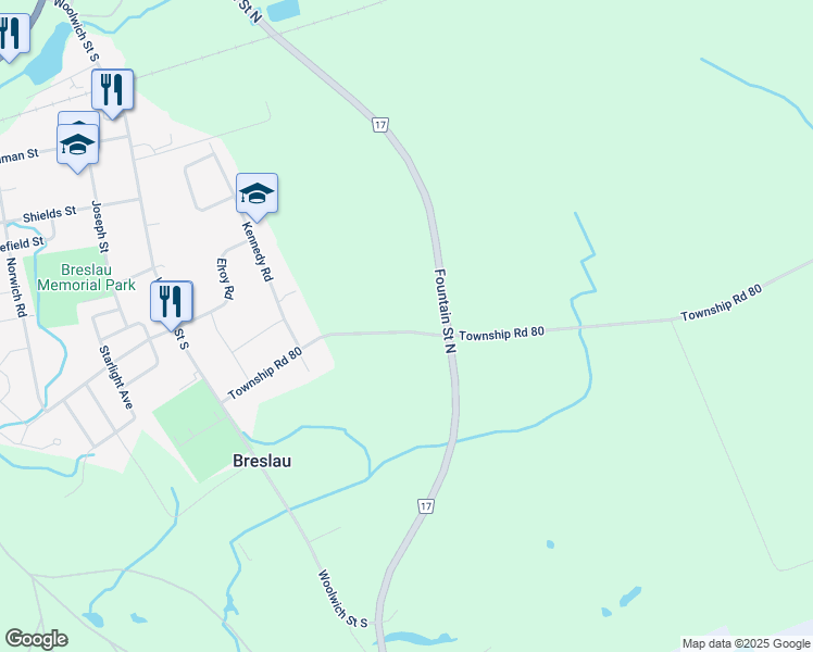 map of restaurants, bars, coffee shops, grocery stores, and more near 118 Menno Street in Breslau