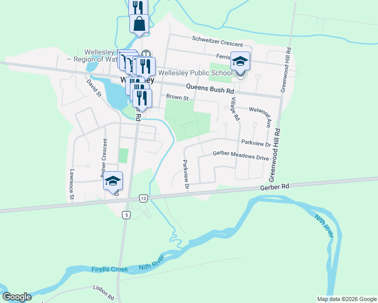 map of restaurants, bars, coffee shops, grocery stores, and more near 63 Parkview Drive in Wellesley