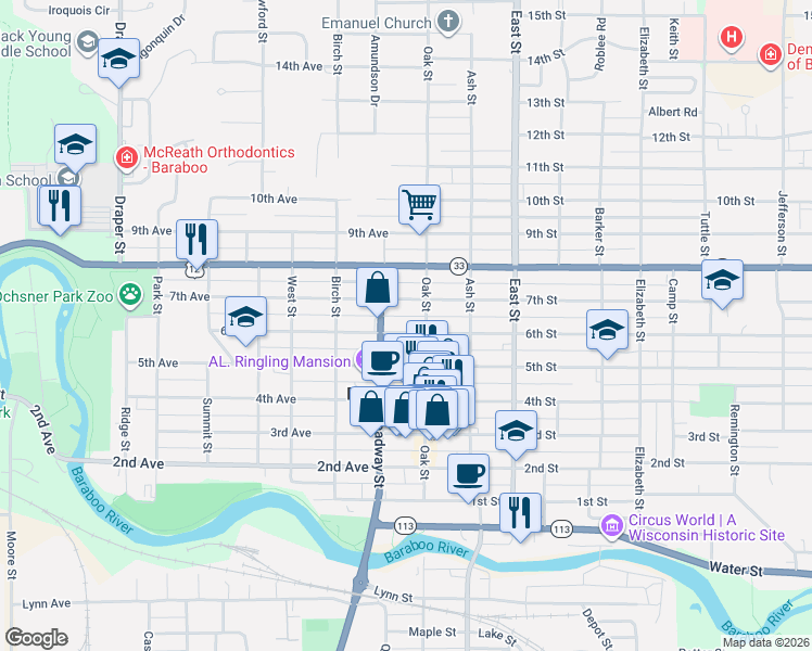 map of restaurants, bars, coffee shops, grocery stores, and more near 120 6th Avenue in Baraboo