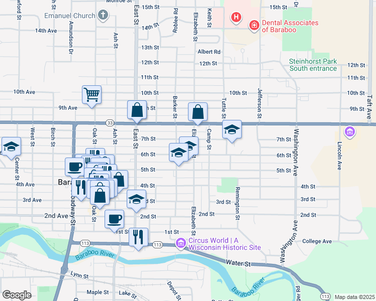 map of restaurants, bars, coffee shops, grocery stores, and more near 519 6th Street in Baraboo