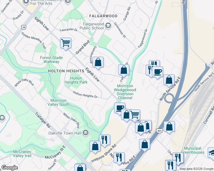 map of restaurants, bars, coffee shops, grocery stores, and more near 1211 Eighth Line in Oakville