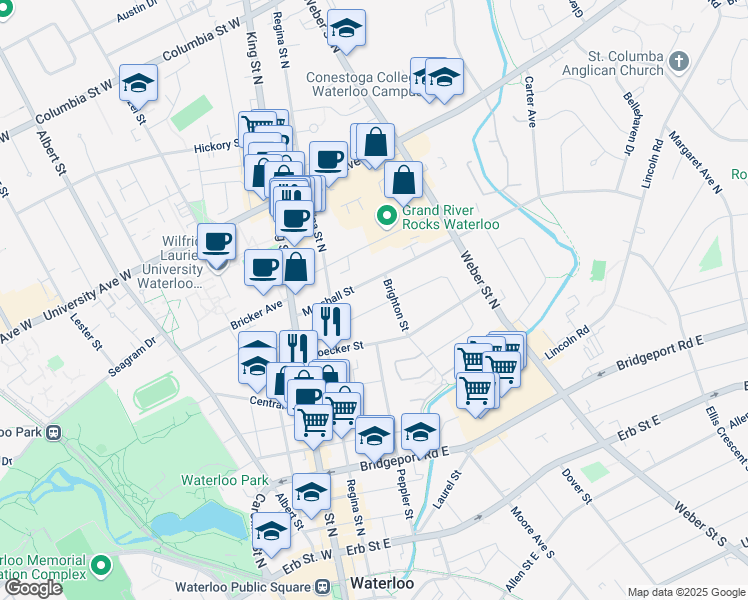 map of restaurants, bars, coffee shops, grocery stores, and more near 157 Elgin Crescent in Waterloo