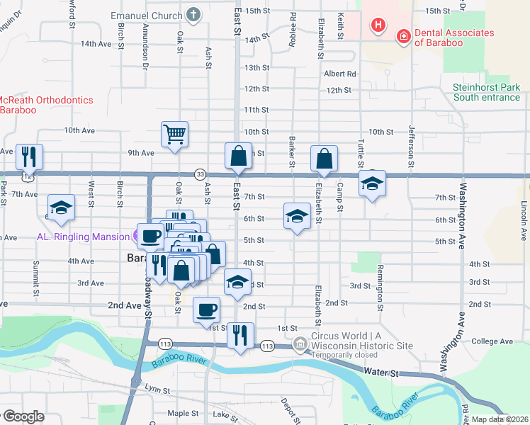 map of restaurants, bars, coffee shops, grocery stores, and more near 333 6th Street in Baraboo