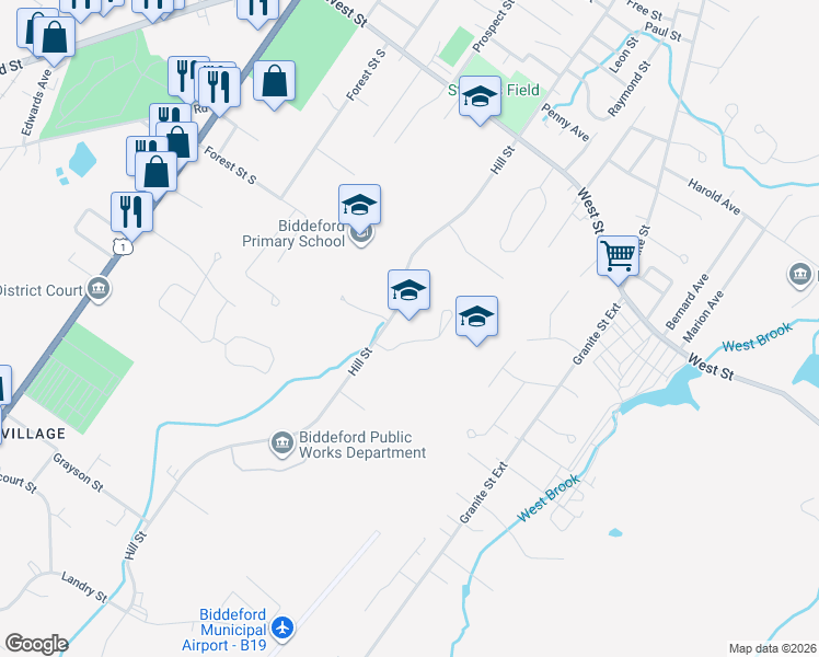map of restaurants, bars, coffee shops, grocery stores, and more near 25 Tiger Way in Biddeford