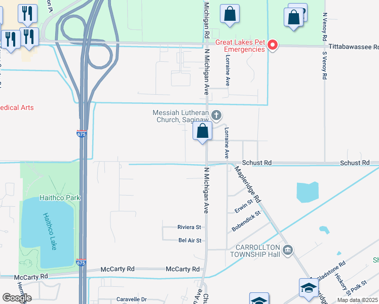 map of restaurants, bars, coffee shops, grocery stores, and more near 4540 Baylor Court in Saginaw