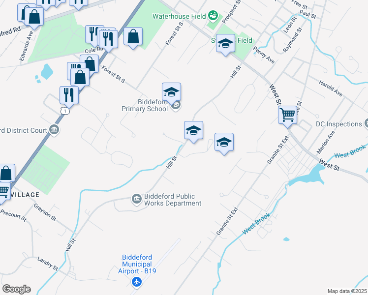 map of restaurants, bars, coffee shops, grocery stores, and more near 335 Hill Street in Biddeford