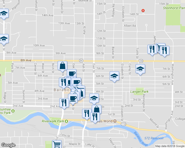 map of restaurants, bars, coffee shops, grocery stores, and more near 233 6th Street in Baraboo