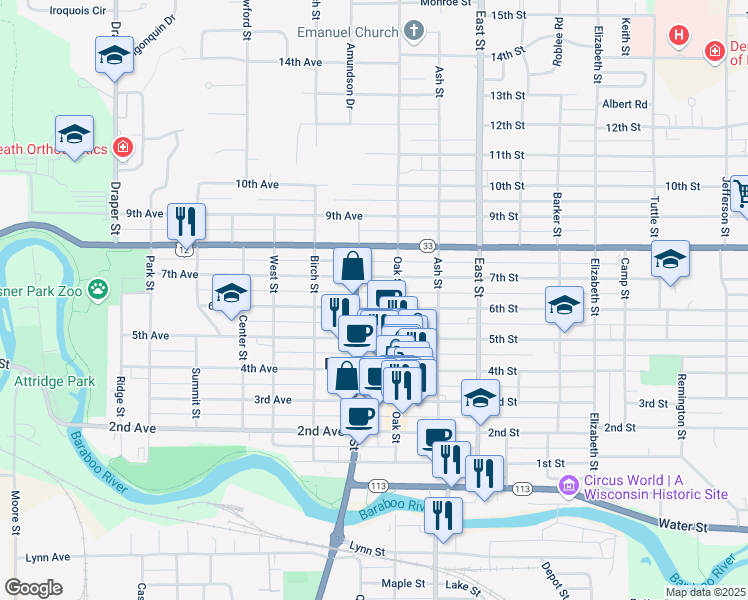map of restaurants, bars, coffee shops, grocery stores, and more near 120 6th Avenue in Baraboo