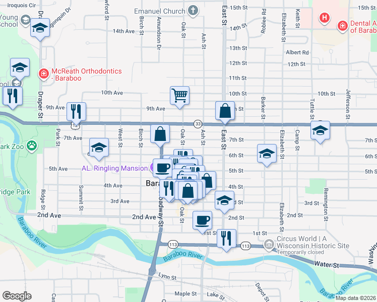 map of restaurants, bars, coffee shops, grocery stores, and more near 111 6th Street in Baraboo
