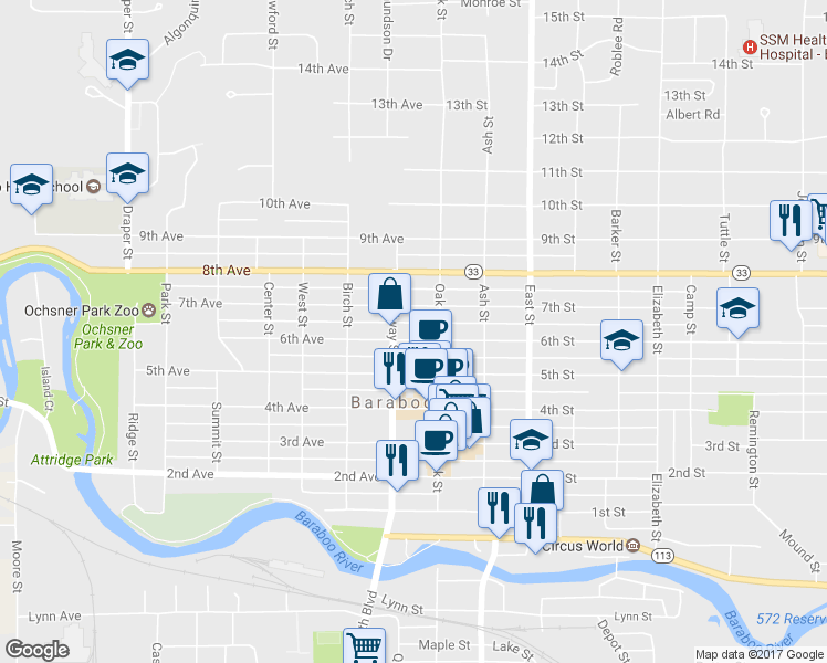 map of restaurants, bars, coffee shops, grocery stores, and more near 120 6th Ave in Baraboo