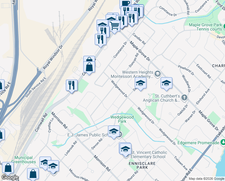 map of restaurants, bars, coffee shops, grocery stores, and more near 1404 Duncan Road in Oakville