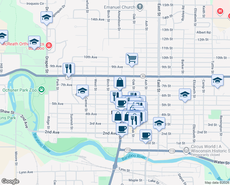 map of restaurants, bars, coffee shops, grocery stores, and more near 216 6th Ave in Baraboo