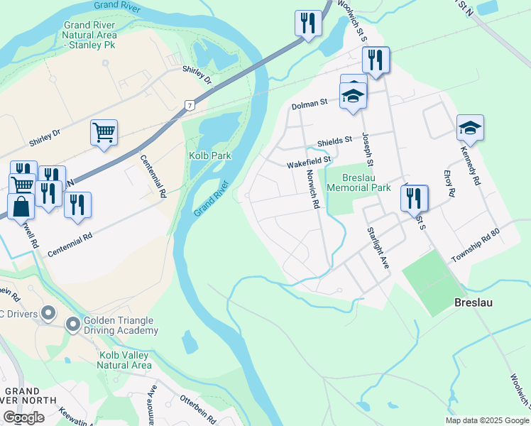 map of restaurants, bars, coffee shops, grocery stores, and more near 265 Dolman Street in Breslau