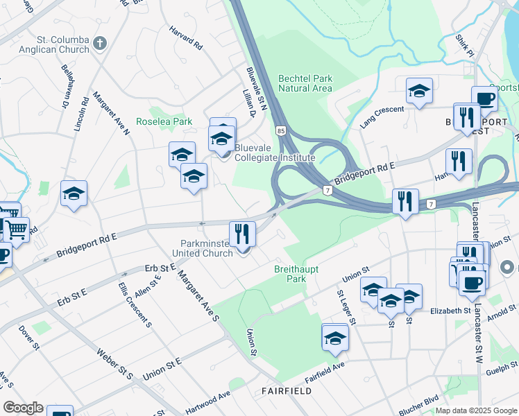 map of restaurants, bars, coffee shops, grocery stores, and more near 20 Goldbeck Lane in Waterloo