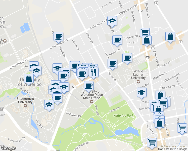 map of restaurants, bars, coffee shops, grocery stores, and more near 115 University Avenue West in Waterloo