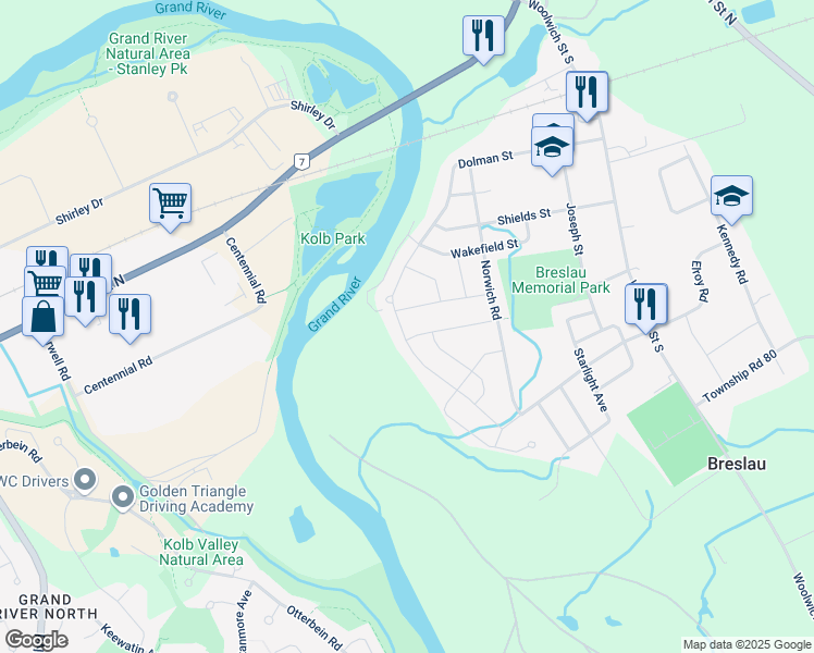 map of restaurants, bars, coffee shops, grocery stores, and more near 265 Dolman Street in Breslau