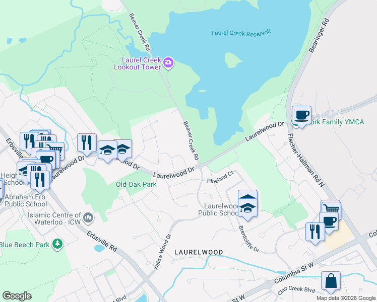 map of restaurants, bars, coffee shops, grocery stores, and more near 528 Beaver Creek Crescent in Waterloo