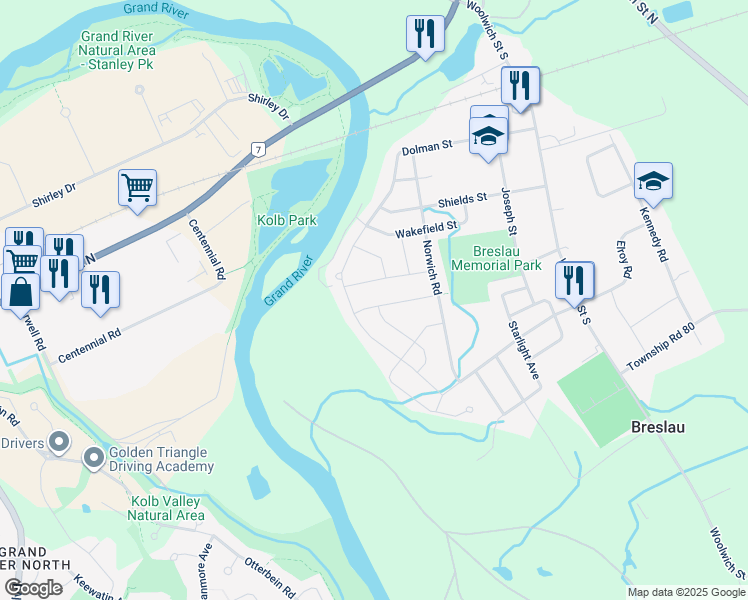 map of restaurants, bars, coffee shops, grocery stores, and more near 74 Tilbury Street in Breslau