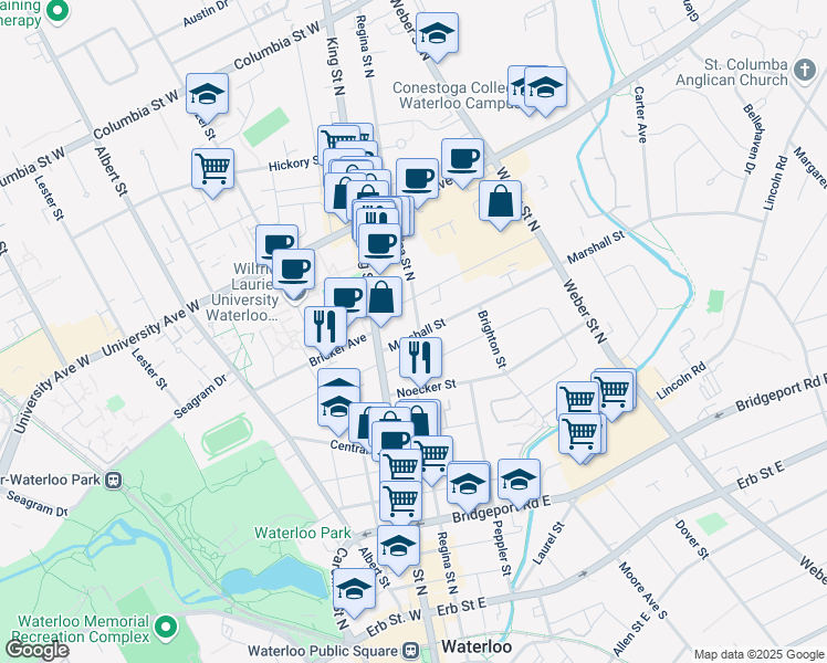 map of restaurants, bars, coffee shops, grocery stores, and more near 20 Marshall Street in Waterloo