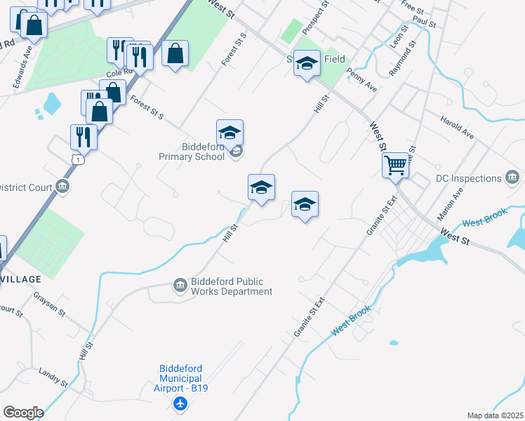 map of restaurants, bars, coffee shops, grocery stores, and more near 335 Hill Street in Biddeford